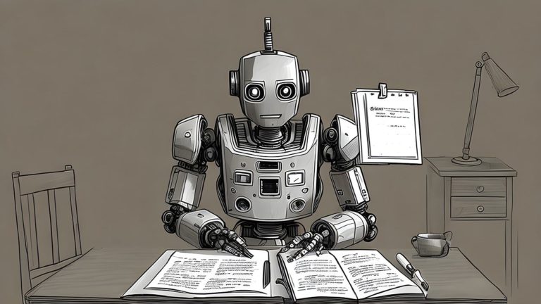 Roboter sitzt am Tisch und liest in Unterlagen