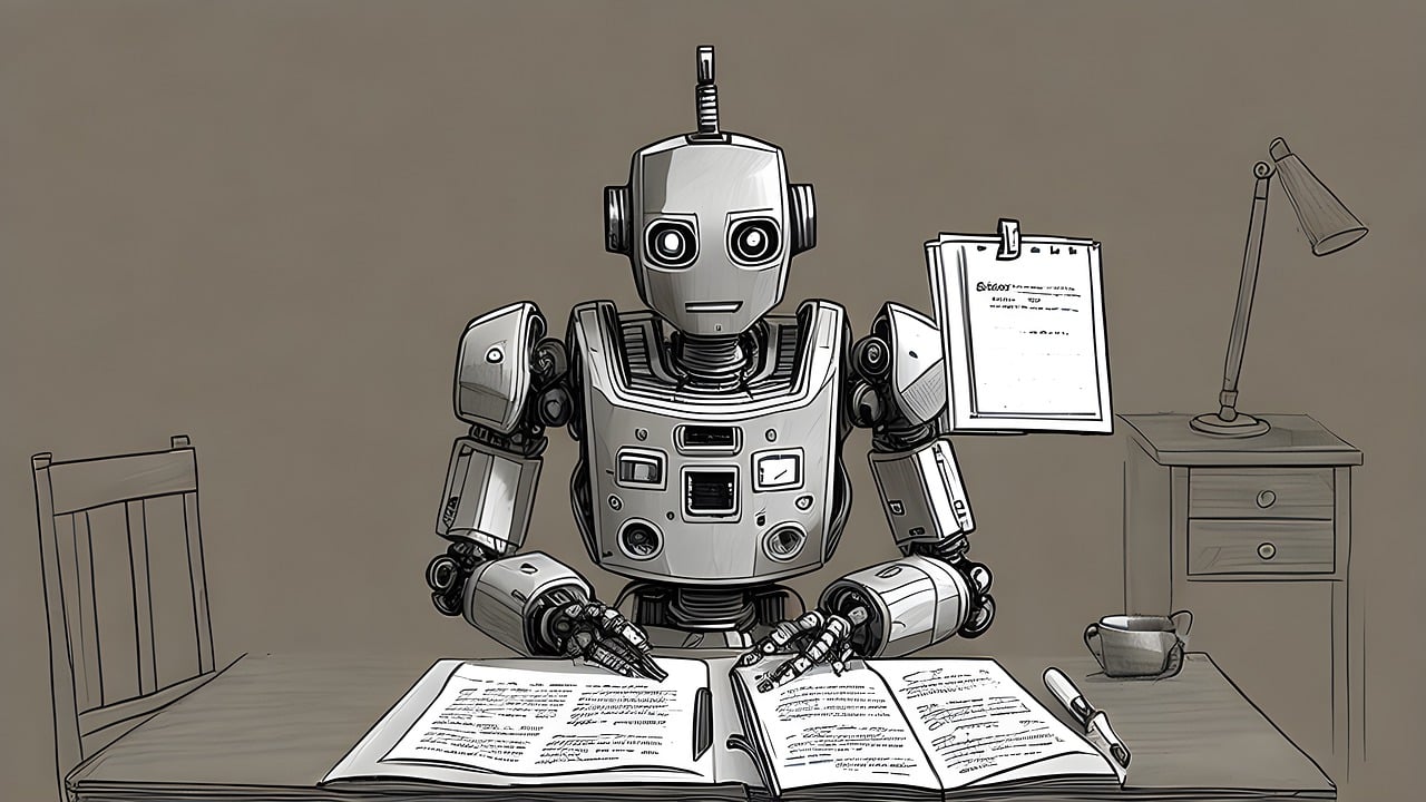 Roboter sitzt am Tisch und liest in Unterlagen