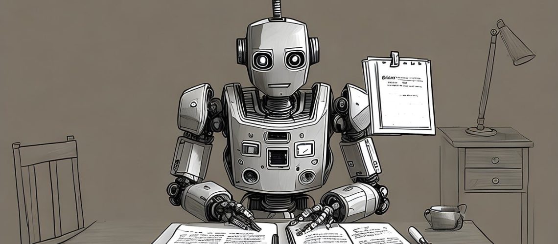 Roboter sitzt am Tisch und liest in Unterlagen